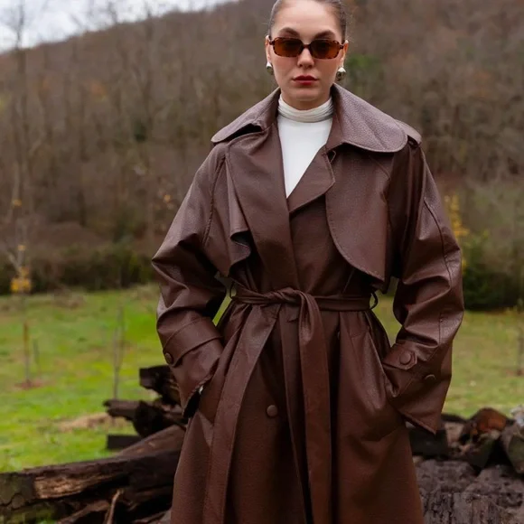 Elegant Brown Women's Trench Coat - Picture 5 of 5